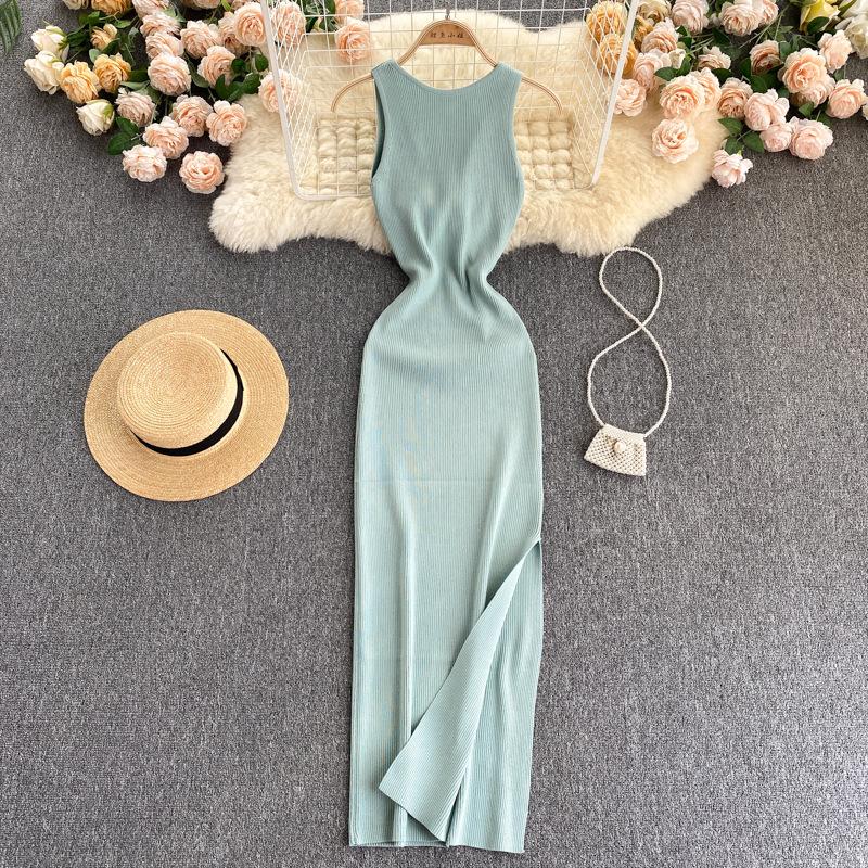 women's Ribbed Knit Maxi Dress Sleeveless Bodycon Split Hem Two Way Summer Long Dress