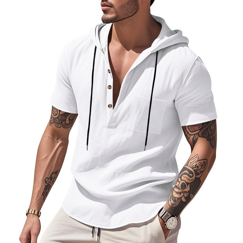 Herren Heiß Verkauft Amerikanisches Sommer Leinenhemd, Einfaches Lockeres Freizeit Kapuzen Henley Kurzarm T-Shirt