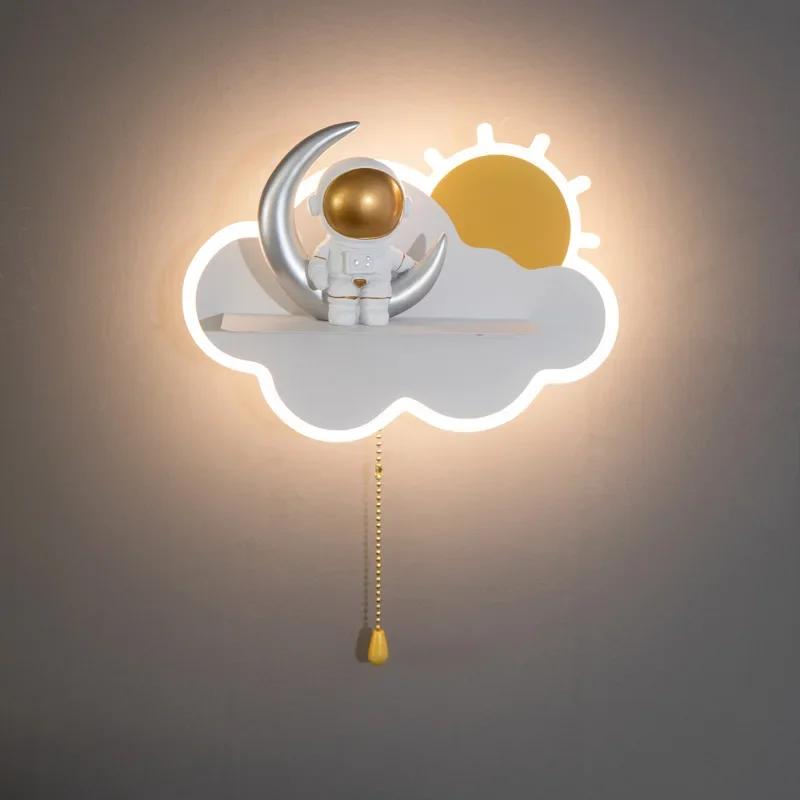 Nordic Ins Creative Astronaut Moon Clouds Led Wall Lamp With Pull Switch Kids Bedroom Bedside Study Night Lights Art Home Deco