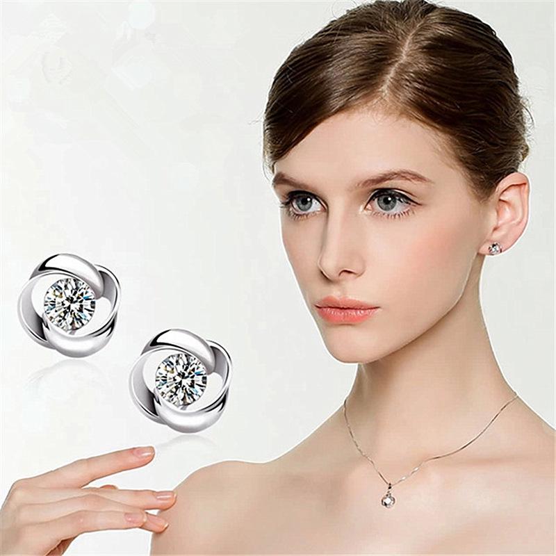 925 Sterling Silver Women's Diamond Stud Earrings, Korean Fashion