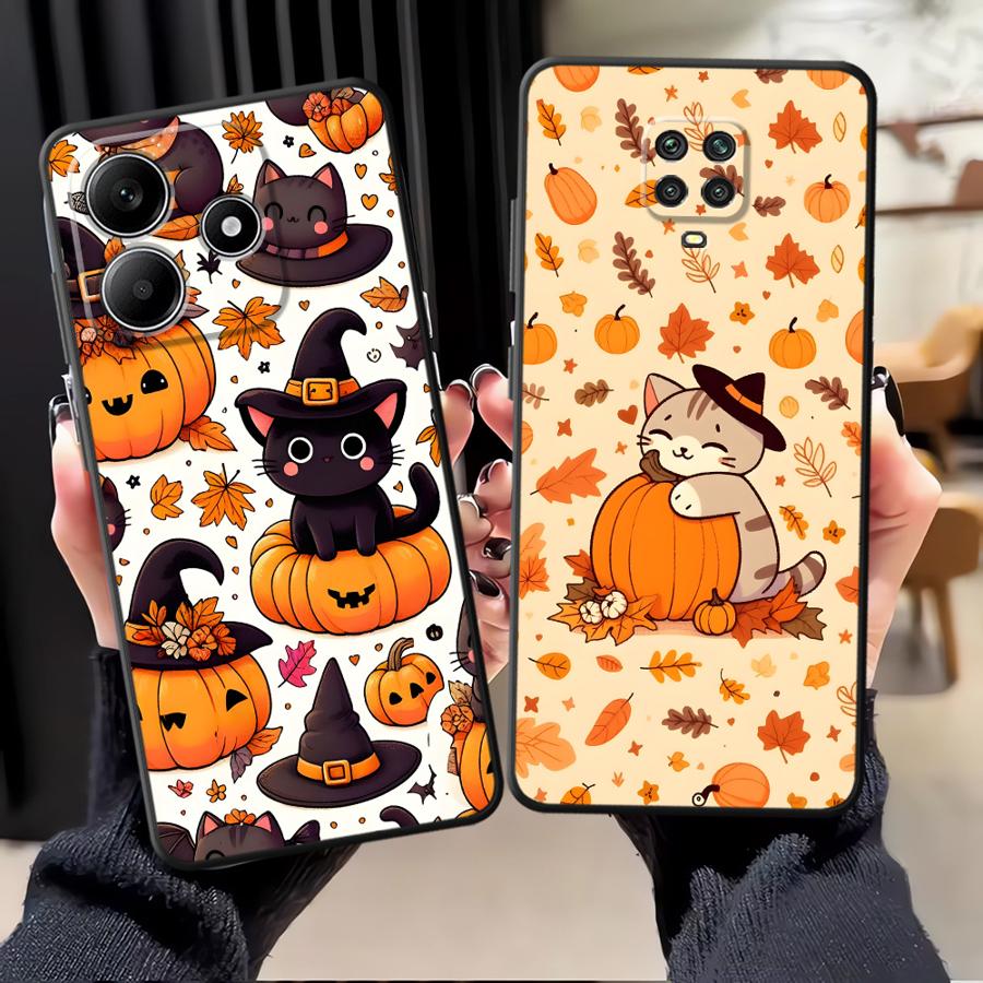 Case for Xiaomi Redmi Note 9S 9 10 11 12 Pro 11s 13 14 Pro Plus 12s 10S 7 8 Black Soft Phone Cover Pumpkin Cat