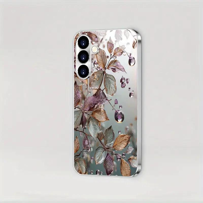 Water Droplet Leaf Pattern Glass Phone Case Suitable for Samsung Galaxy S26 S25 S24 S23 S22 S20 FE/Ultra/Plus Anti Drop