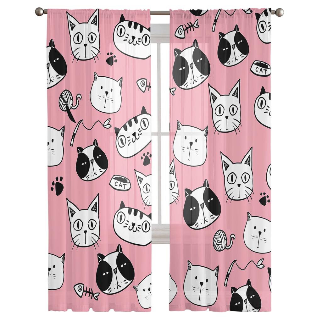 Cute Cartoon Hand Drawn Cat Tulle Curtains For Living Room Bedroom Decor Chiffon Sheer Voile Kitchen Window Curtain