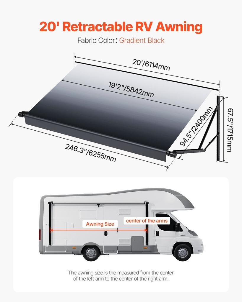 20' RV Replacement Awning Electric Trailer Awning for Most DC12V RVs