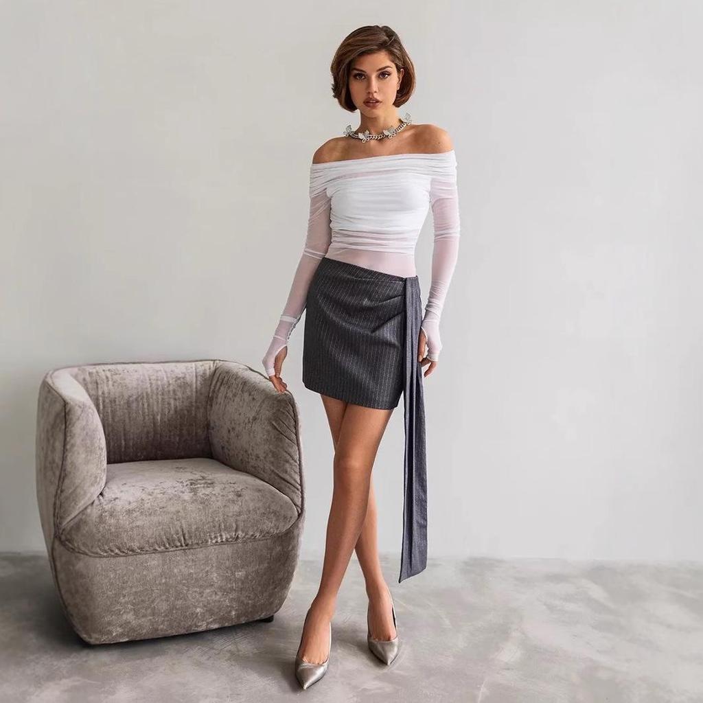 2024 Herbst/Winter Europäischer & Amerikanischer Stil Damen Einfarbig Schlankmachend Einseitig Schulterfrei Mesh Langarm Oberteil