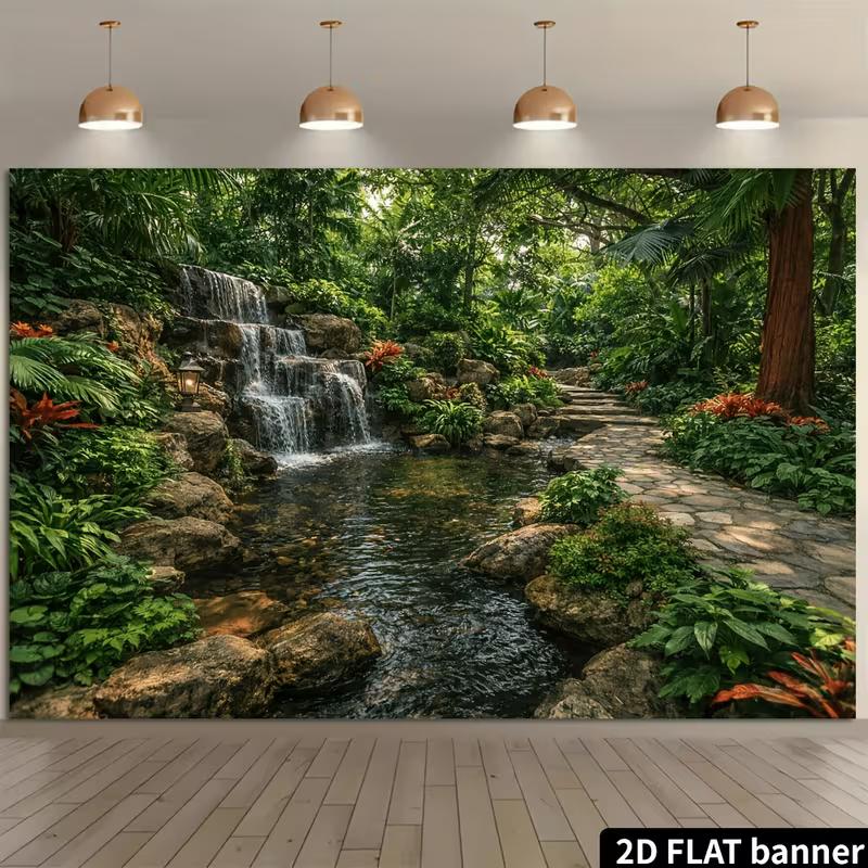 2D Grüner Wald Wasserfall Wandteppich Tropischer Gartenweg Wandkunst Dekor