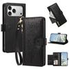 Butterfly Flower Zipper Wallet Vegan Leather Phone Case with Strap For iPhone 15 Pro Max