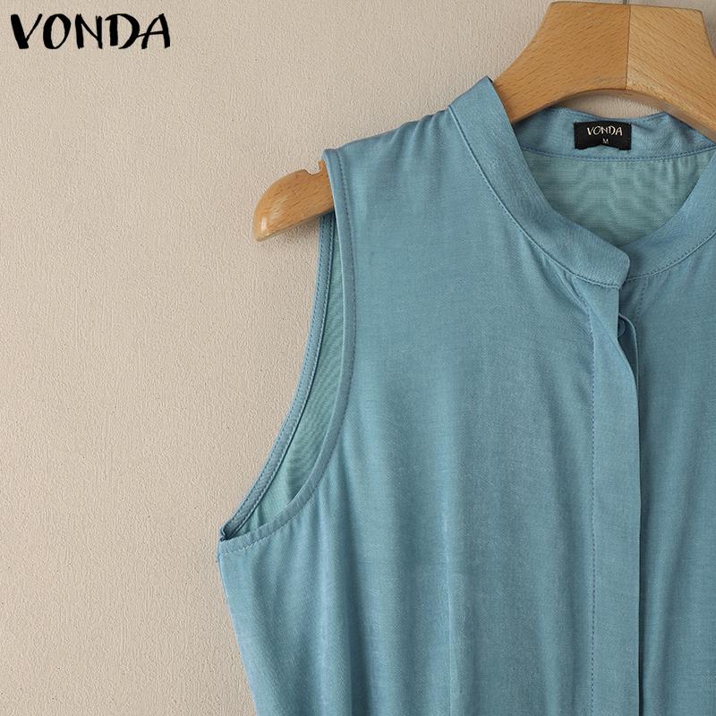 VONDA Summer Women Sleeveless Belt Waist Casual Pleated Dress