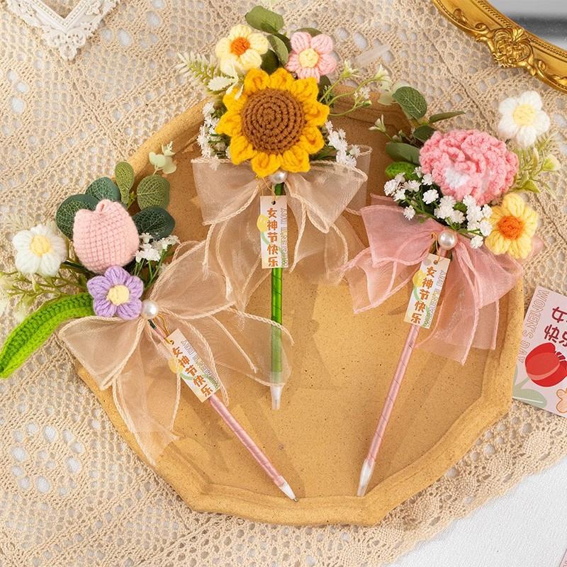 Crochet Flower Pen Black Ballpoint Pen Woven Bouquet Pens Black Ballpoint Artificial Flower Stationery Pen Teachers ' Day Gifts