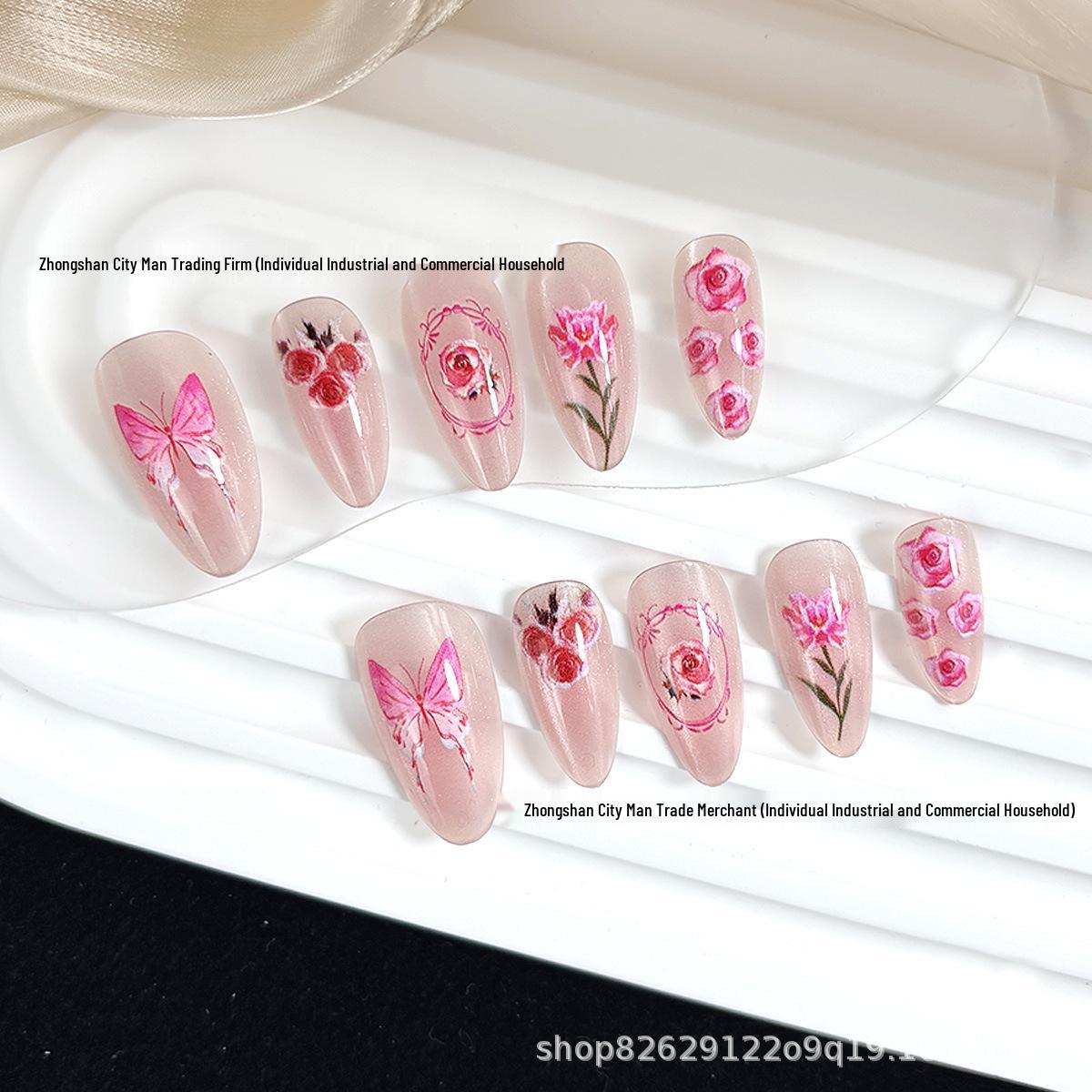24-Piece Reusable Almond-Shaped Nail Set: Pure Desire Butterfly Rose Design