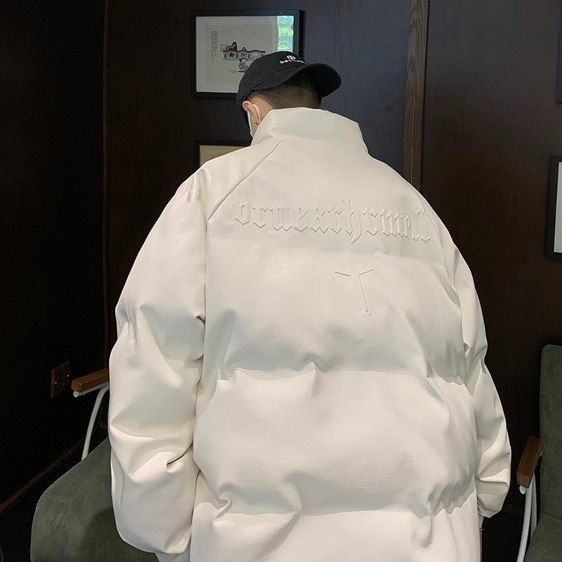 White PU Leather Men's Stand Collar Puffer Jacket - 2025 Winter Street Style, Thickened and Trendy Cotton Outerwear.