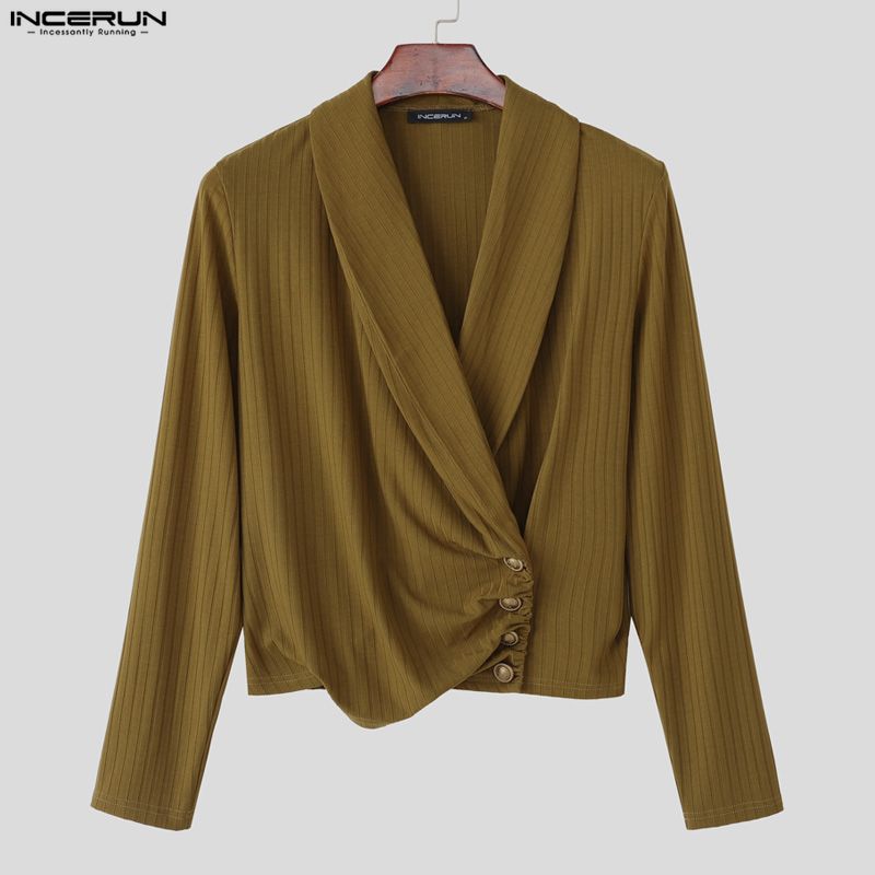 INCERUN Mens V Neck Front Cross Long Sleeve Thin Casual Rib Short T-shirts Tops