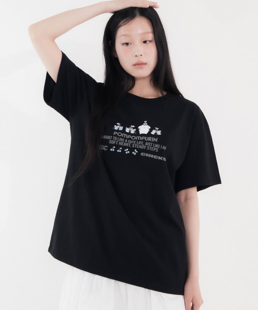 CHICKS Pompompurin Steady Oversized Short Sleeve T-Shirt Black