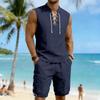 Men's Linen Plus Size Sleeveless Stand Collar Jogger Shorts Set with Drawstring