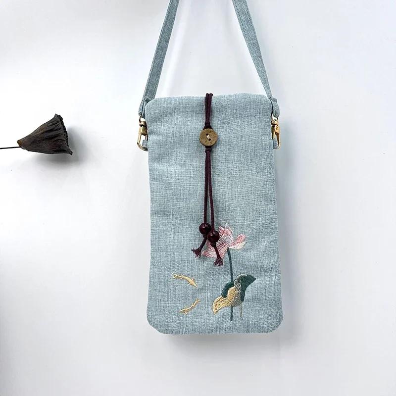 

New Embroidery Crossbody Bag Ancient Style Hanfu Matching Small Bag Women Mobile Phone Shoulder Bag Cotton and Linen Purse