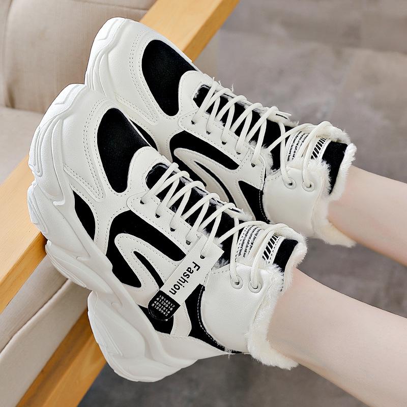 High-top cotton shoes winter new velvet thickened leather dad shoes warm snow boots 35