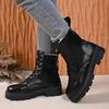 Thick Warm Long Plush Ankle Boots For Women Winter  Lace-Up Pu Leather Motorcycle Boots Woman Plus Size Short Booties Shoes