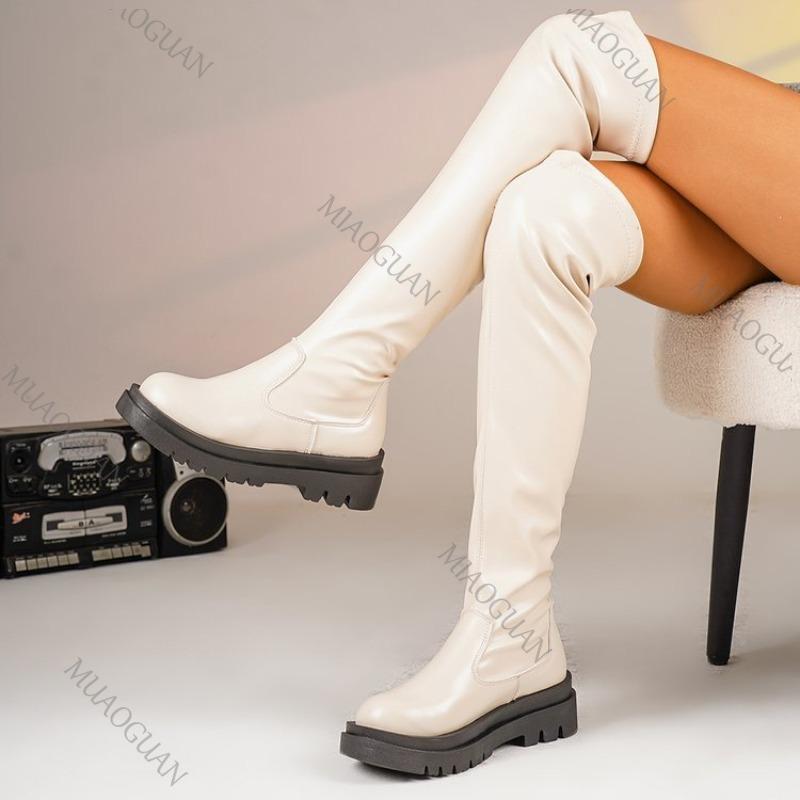 Women's Over-the-knee Boots Leather Platform Chunky Sole Round Toe Slip-On Sexy Thigh High Shoes for Women Street Style Footwear