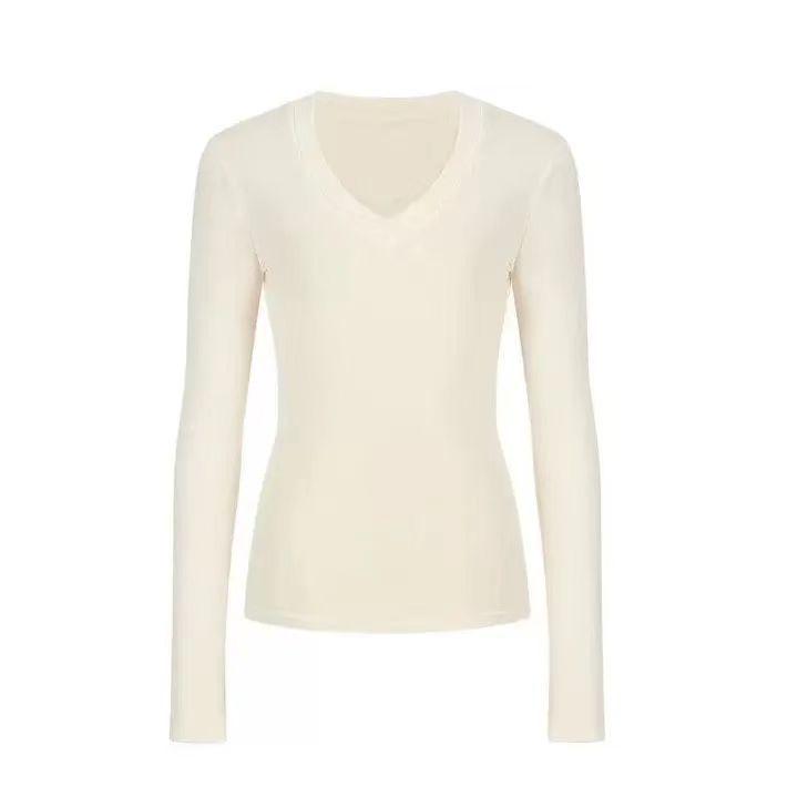 Women's Slim Fit V-Neck Long-Sleeve Solid T-Shirt, Autumn/Winter Korean Trendy Inner Wear.