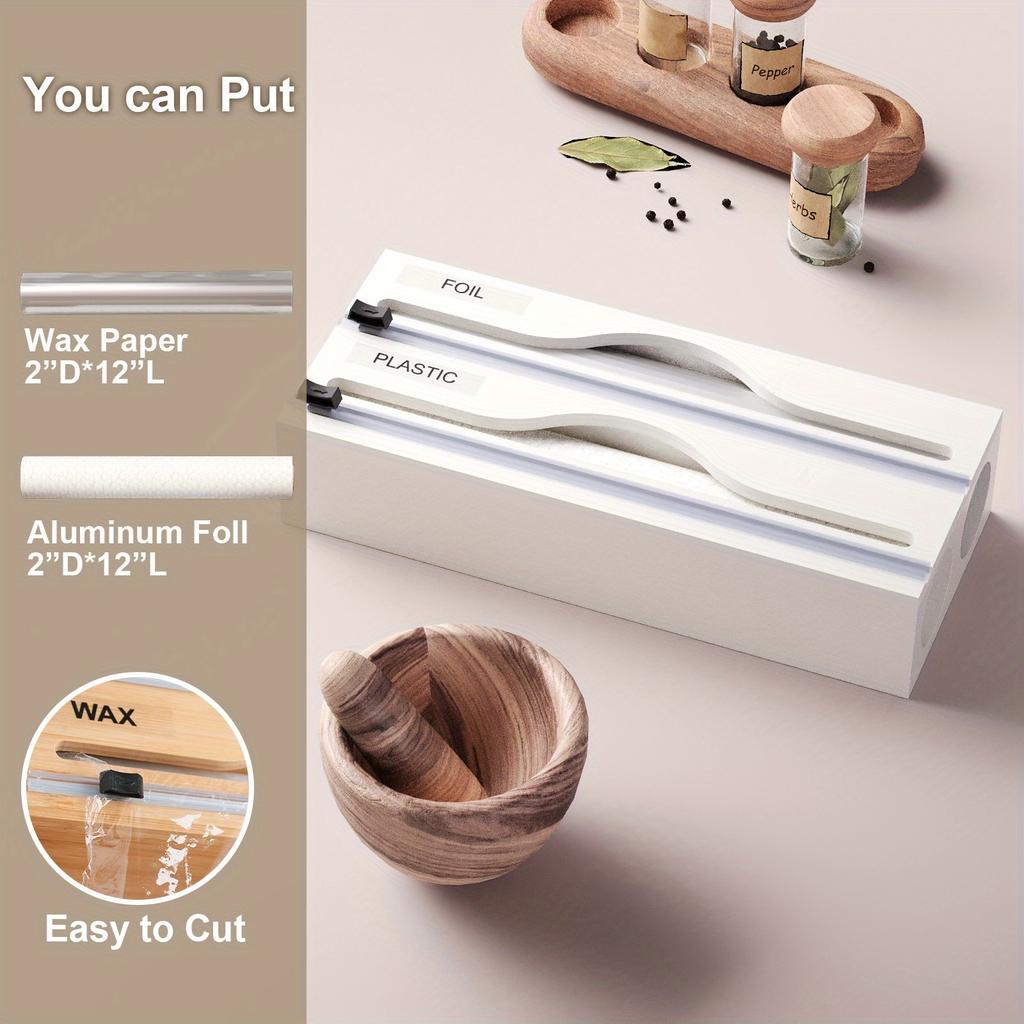 1 Stück 2-in-1 Bambus Frischhaltefolienspender mit Schneider und Etiketten, Schneiden von Frischhaltefolie, AlufolieMehrfachfach-Küchenorganizer für Frischhaltefolien, Scheiben und Wraps
