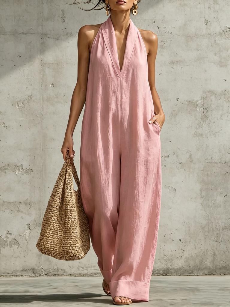 Women Simple Elegant Sleeveless Straight Casual Cotton Linen Jumpsuit