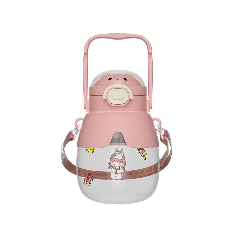 Großvolumiger Becher mit großem Bauch und Strohhalm, Tragbarer Kinder-Wasserbecher mit zwei Trinköffnungen