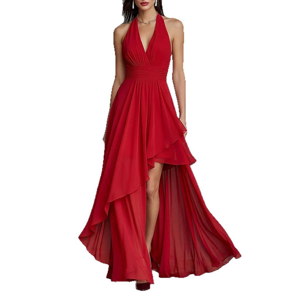 New chiffon dress, neck halter waist V-neck dress evening dress