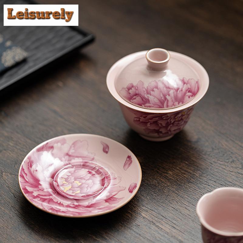 111ML Pink Ru Kiln Gaiwan Japanese Peony Sancai Anti-scald Tea Tureen Tea Brewing Cover Bowl Tableware Decoration Collection