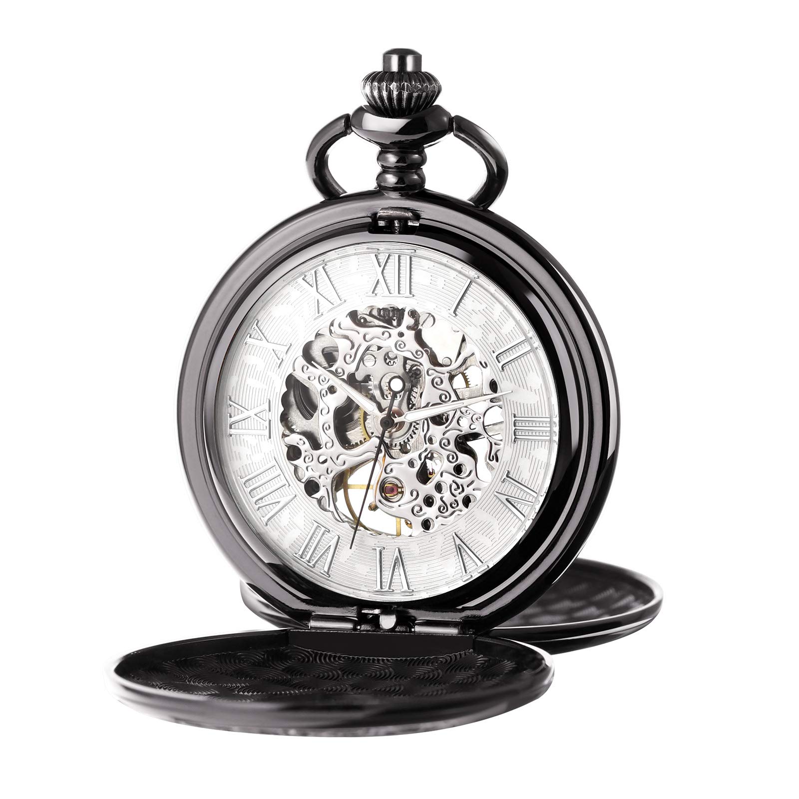 TREEWETO Men s Mechanical Skeleton Pocket Watch Roman Numeral Dial Gift Box Chain