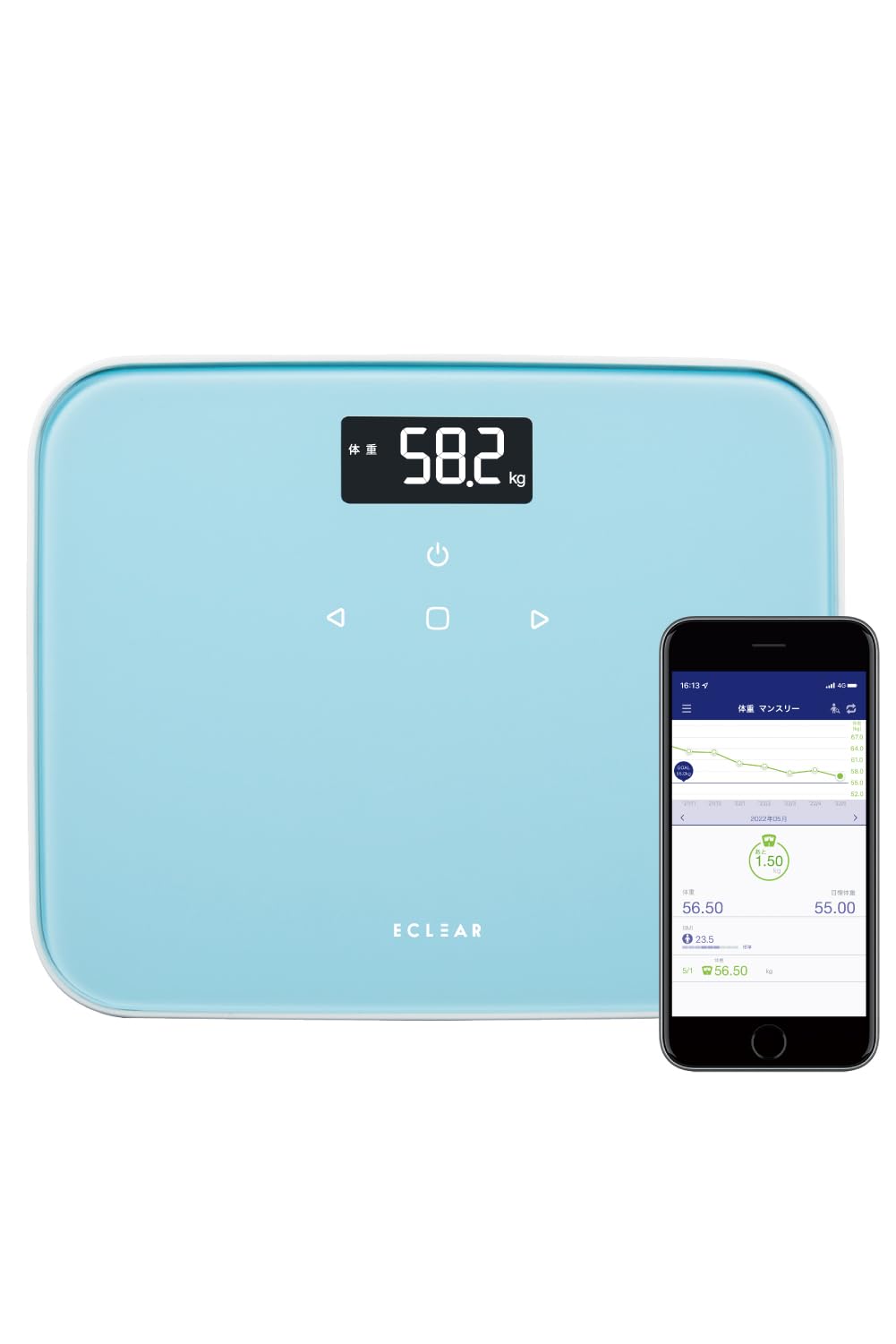

ELECOM ECLEAR HCS-S02 Compact Backlit Scale (Weight/BMI/Last Weight Difference), 100g Increments, Automatic Recognition, Manual Input, App Integration