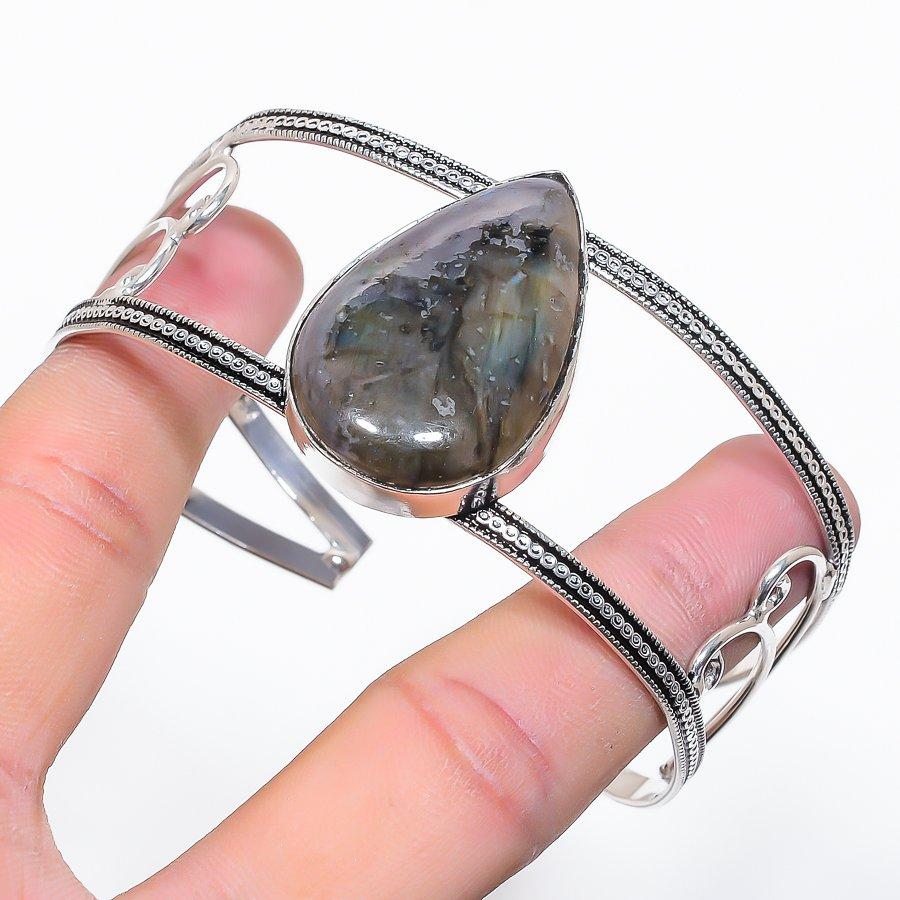 Natural Labradorite Gemstone 925 Sterling Silver Cuff Bangle Adjustable S8q24