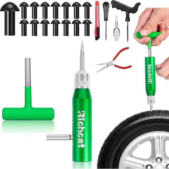 Richcat Tubeless Tire Puncture Repair Kit with Mushroom Plug, Repairs punctures and Flat Tires for Motorcycles, Cars, Trucks, ATVs and Tractors 15Plugs Kit