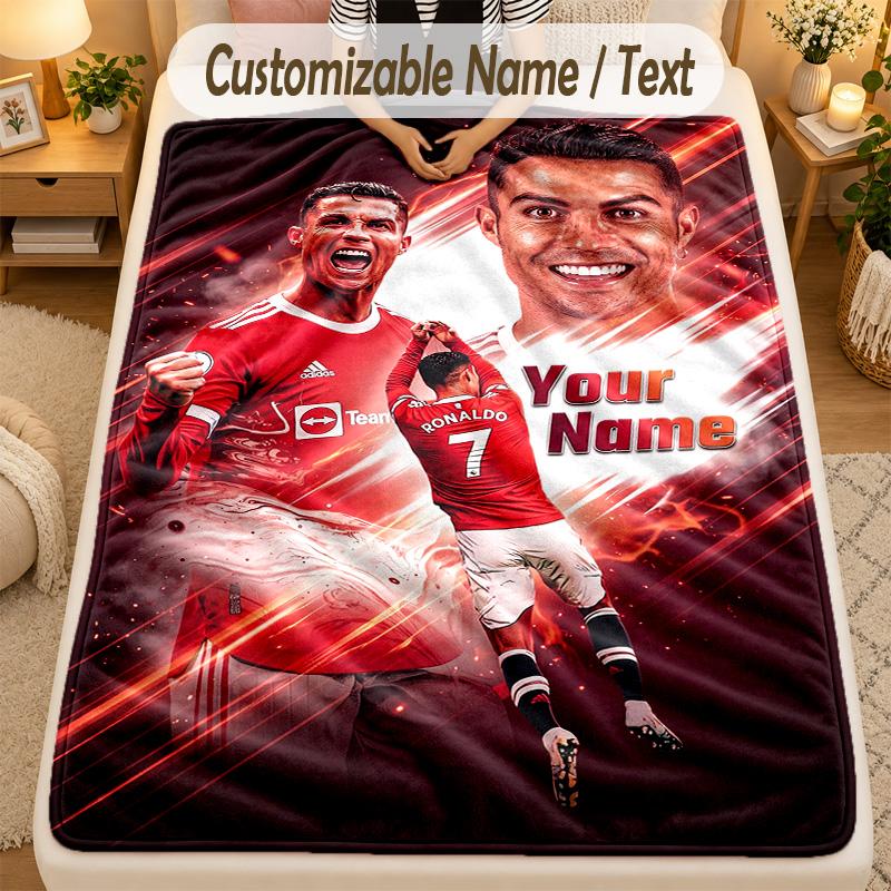 Flannel BlanketCristiano Ronaldo Custom Name Text Personalized Soft Warm Throw Blanket Home Decor Gift