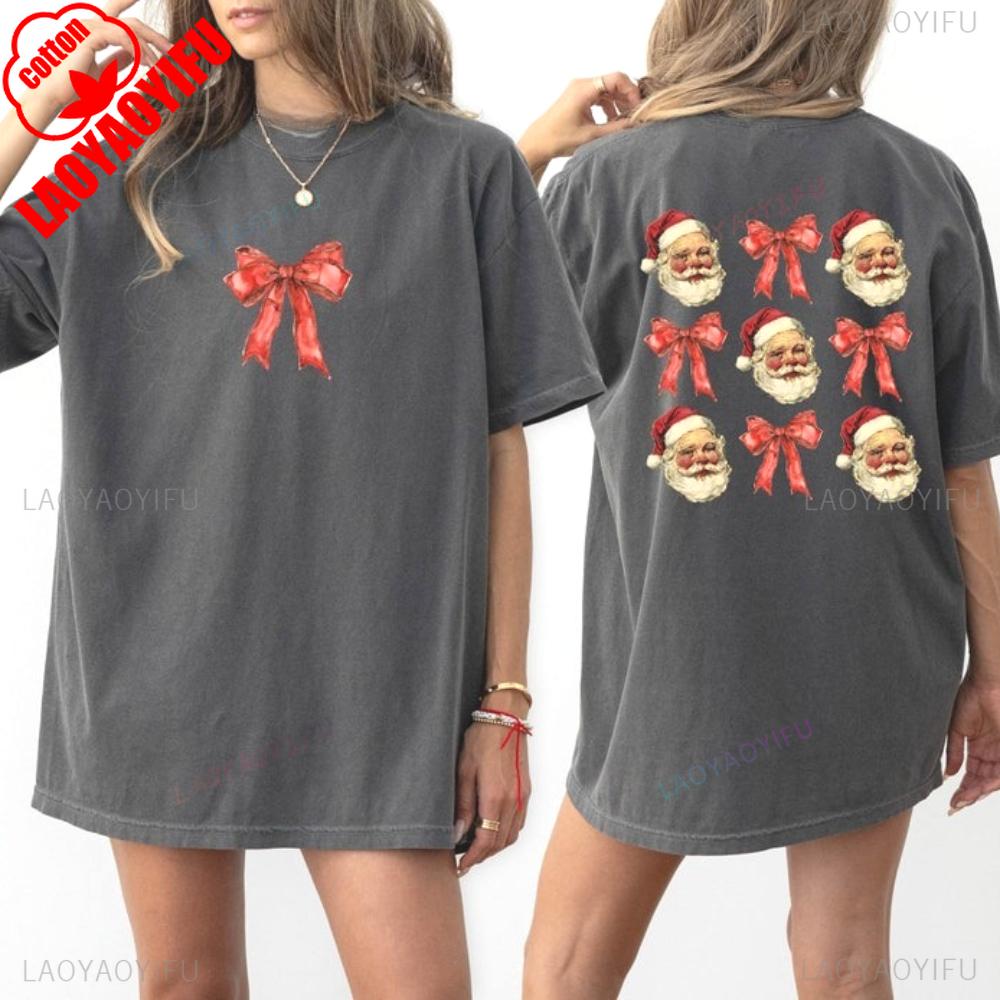 Christmas Coquette Bow Tshirt Vintage Santa Printed Tee Creative Duplex Printing Shirt Women Christmas Clothing Casual Tops S
