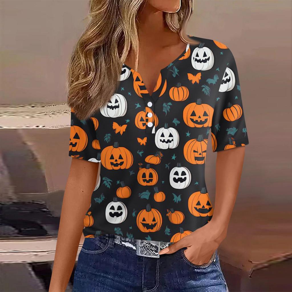 Women's T Shirt Tee Halloween Printed Button Short Sleeve Tunic Daily Weekend Fashion Basic V- Neck Regular Top