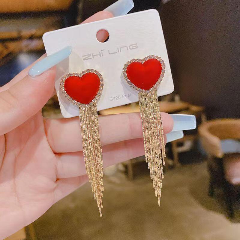 Fashion Atmospheric Red Velvet Bow Earrings Femininity Sweet Flower Long Fringed Versatile Earrings