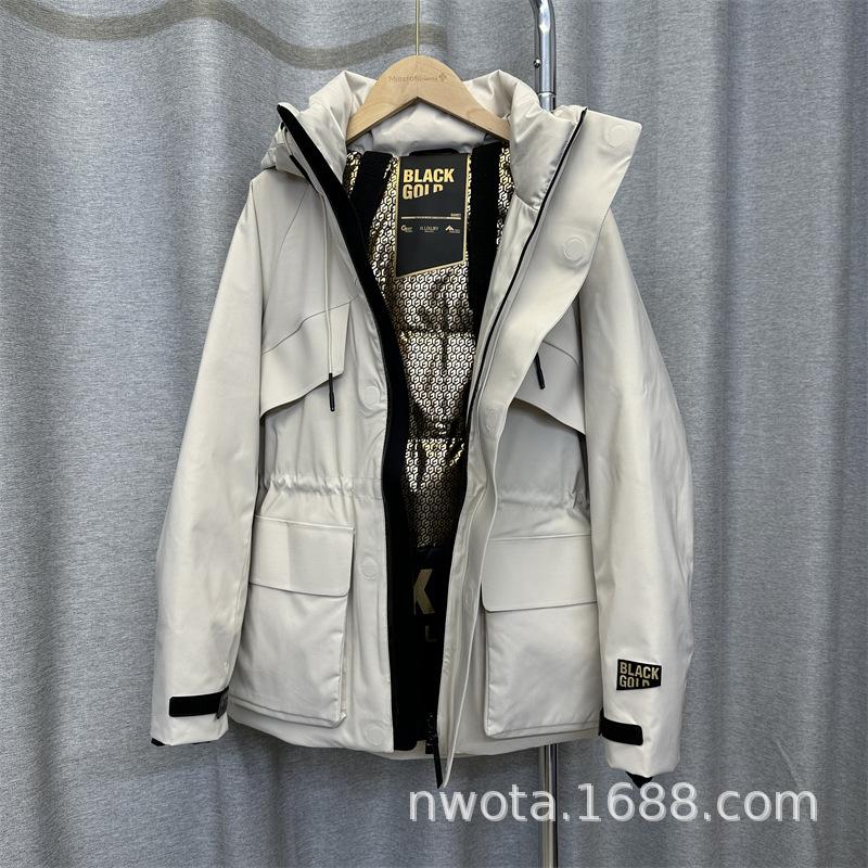 Black gold medium and long wind shell down jacket women's outdoor magnet buckle pie to overcome trench coat waist jacket