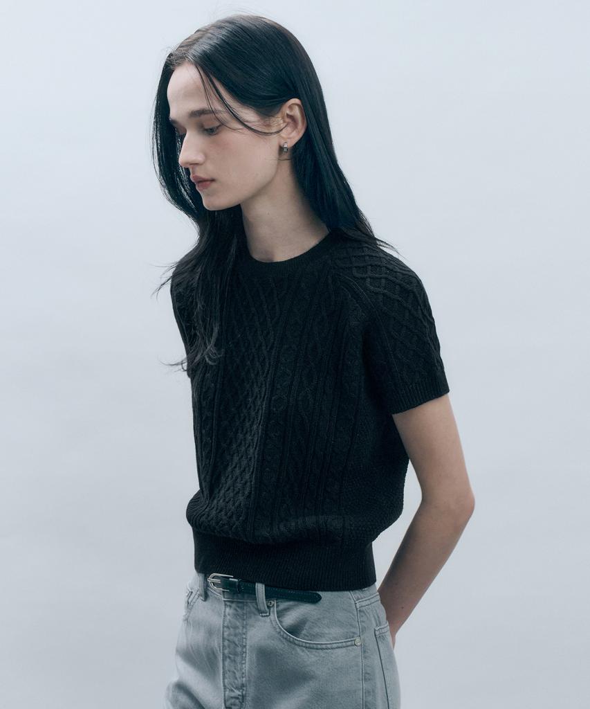 MONGDOL [From Italy] Cable Round Neck Short Sleeve Knit Top Mdkt100_5 Colors
