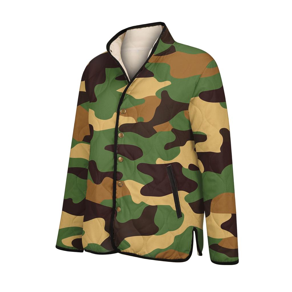 Women's Floral Print Stand Up Collar Pleated Cotton Long Sleeved Button Cotton Jacket