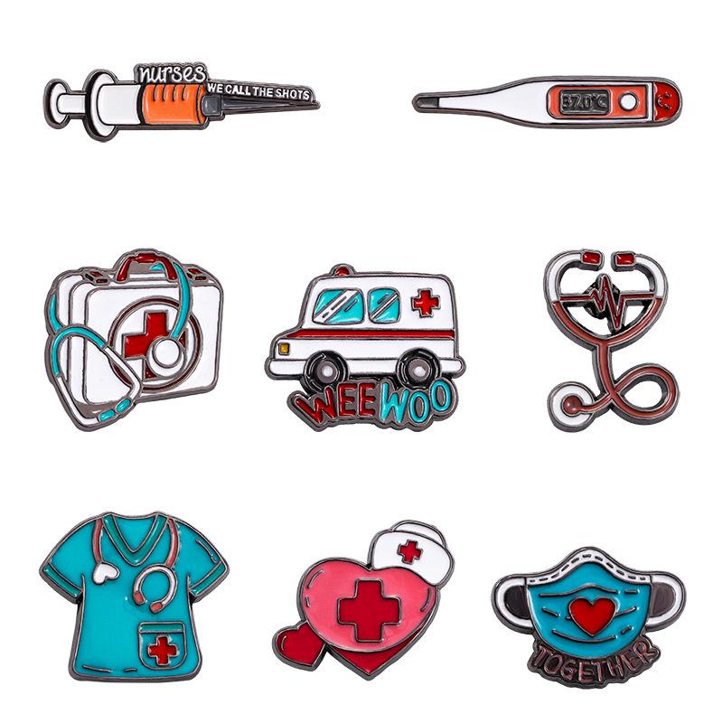 Medical-Themed Cartoon Brooch Set: Ambulance, Syringe, Stethoscope Badges