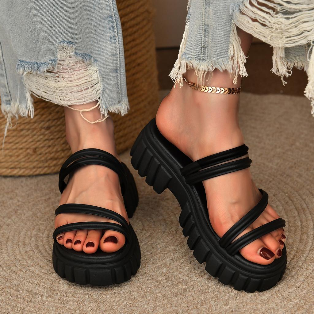 Fashion 2025 Summer Round Toe Open Back Strap Slip-On Wear Sandals Plus Size Casual Shoes FashionThick Sole Solid Color Women's Sandals