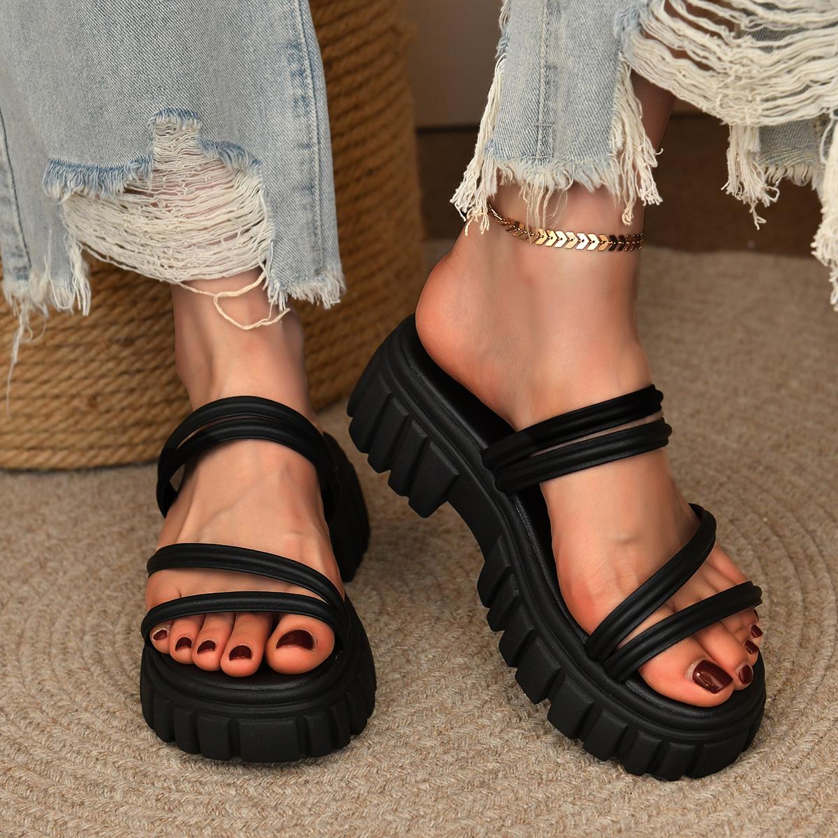 

Fashion Slides Women Plus Size Casual Slippers Thick Solid Color Women Sandals Summer Round Toe Open Back Strap Slip-On Wear Slipper 43