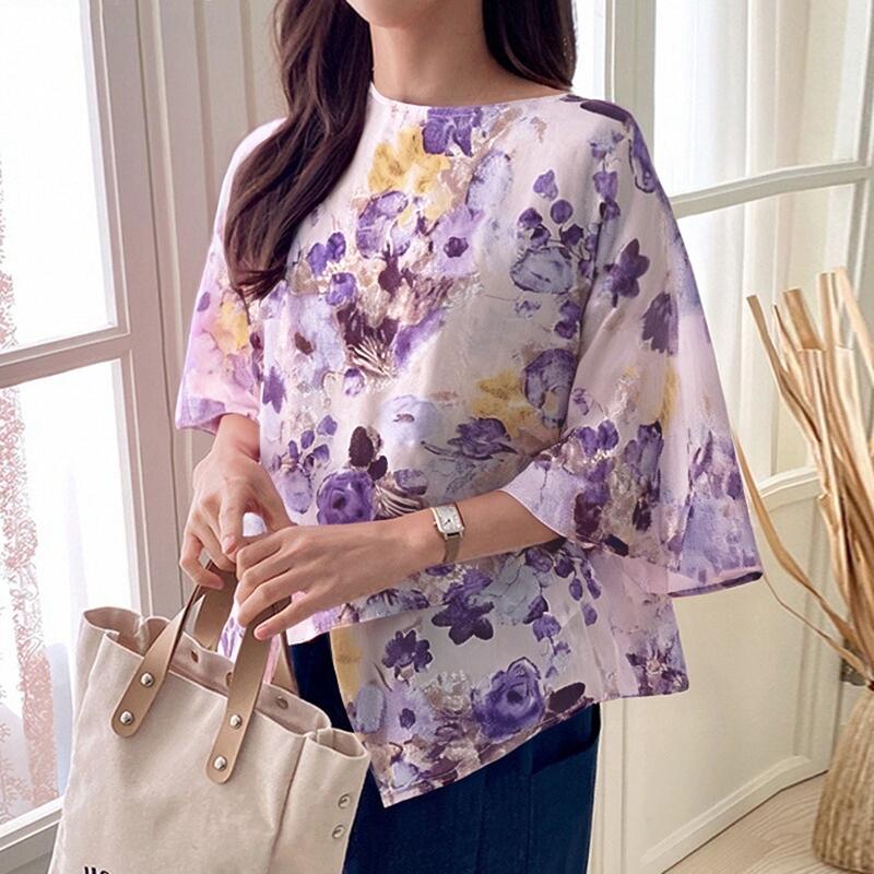 

ZANZEA Женская повседневная блузка с круглым вырезом, рукавами 3/4, свободного кроя, с цветочным принтом XL фиолетовый
