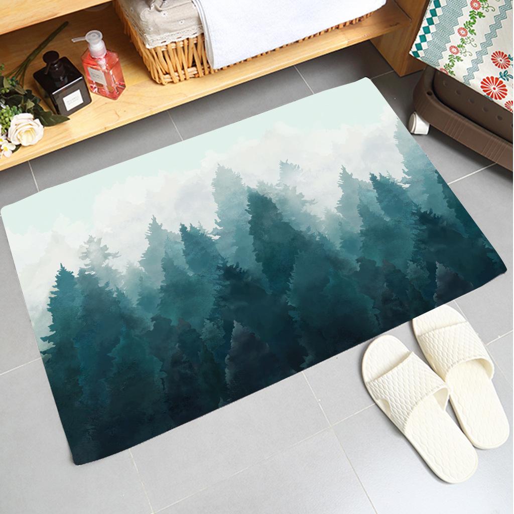 Soft Non-slip Absorbent Flannel Door Mat with Green Plant Design Washable Bathroom Kitchen Rug Home Decoration Carpet