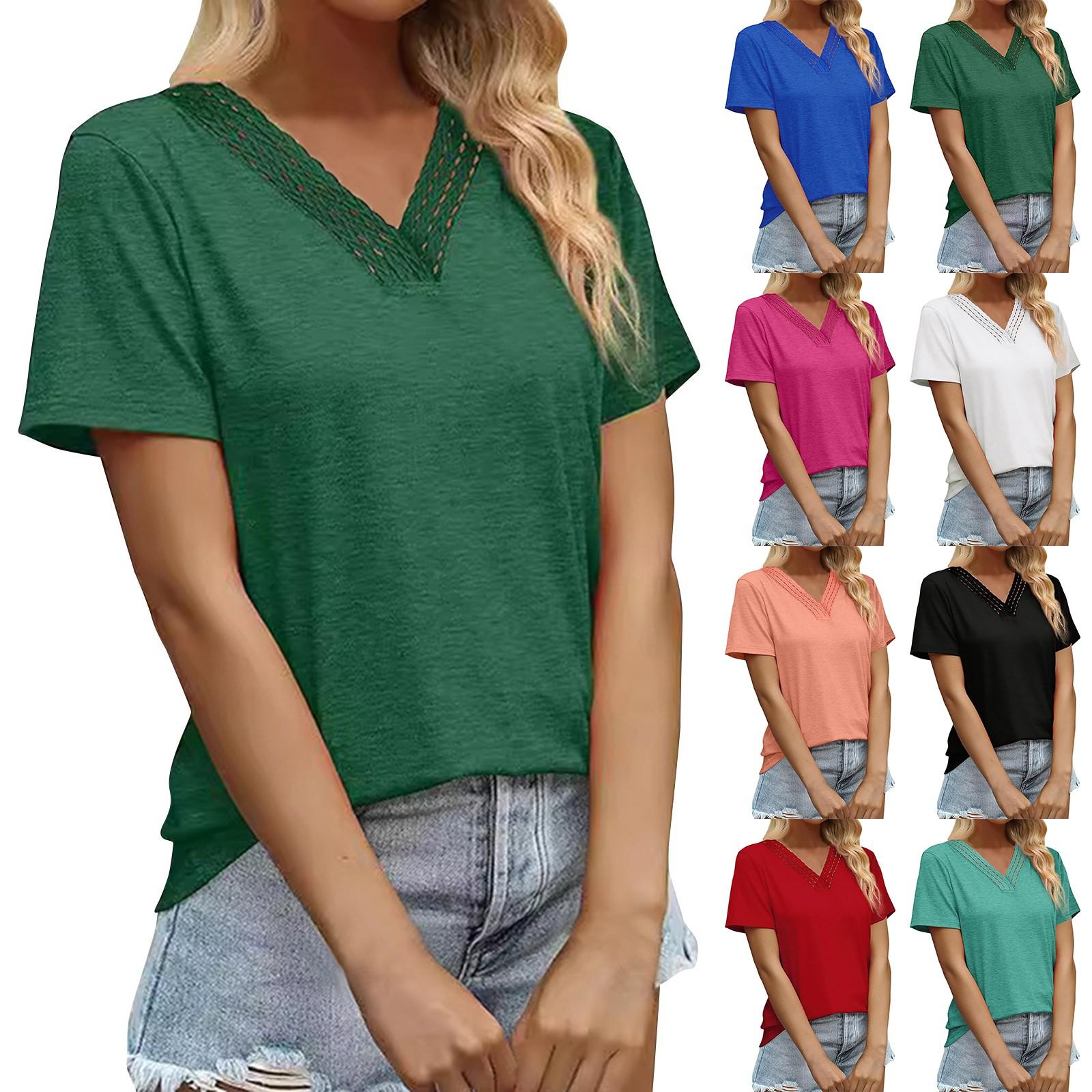 

Women s Summer Fashion Lace V-Neck Short Sleeve Casual T-Shirt Solid Color Tops