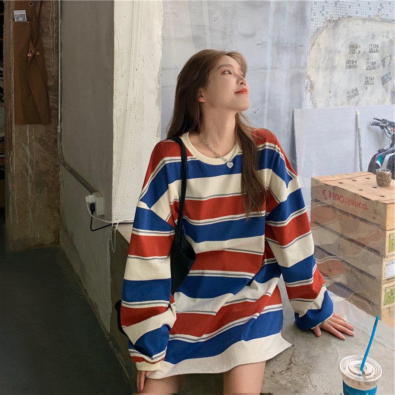 Stripe Chic Hoodie Women Spring Autumn Thin Ins Loose Korean Bf Lazy Style Plus Size Tee