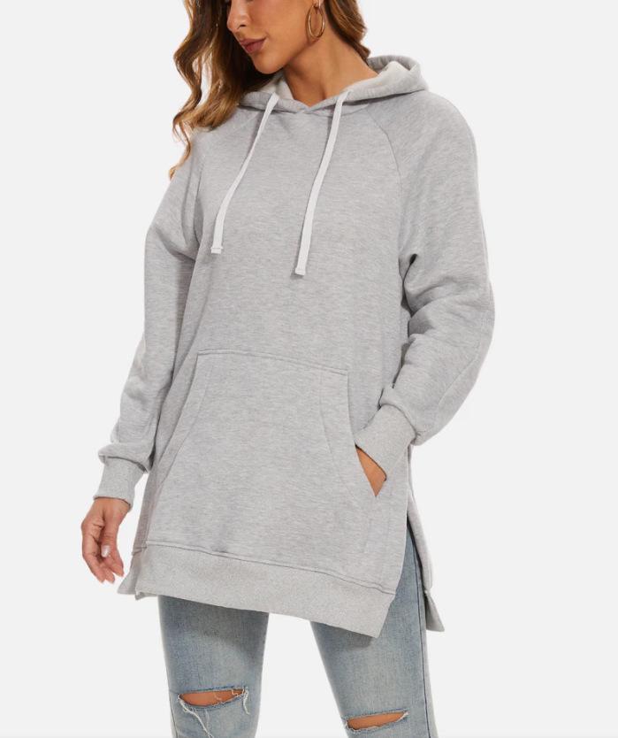 2024 Women's Solid Color Hooded Split Shoulder Sleeve Fleece Sweatshirt for Autumn and Winter