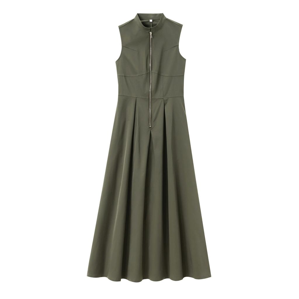 Spring Women's European and American Style French Design Round Neck Sleeveless Waist Cinched Commuting Temperament Midi Dress
