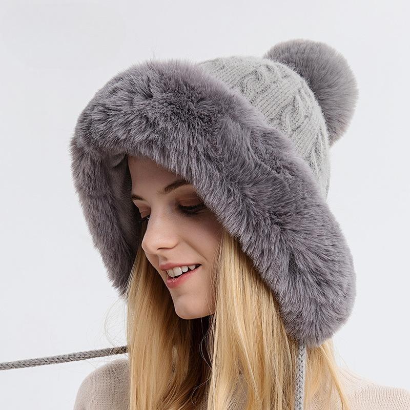 Autumn and Winter Women's Pullover Hat Three Hairballs Outdoor Thickened Velvet Cold-proof Warm Solid Color Knitted Hat