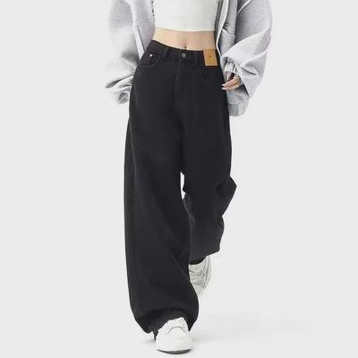 Girls' 2024 American Retro Black High-End Wide-Leg Floor-Length Jeans